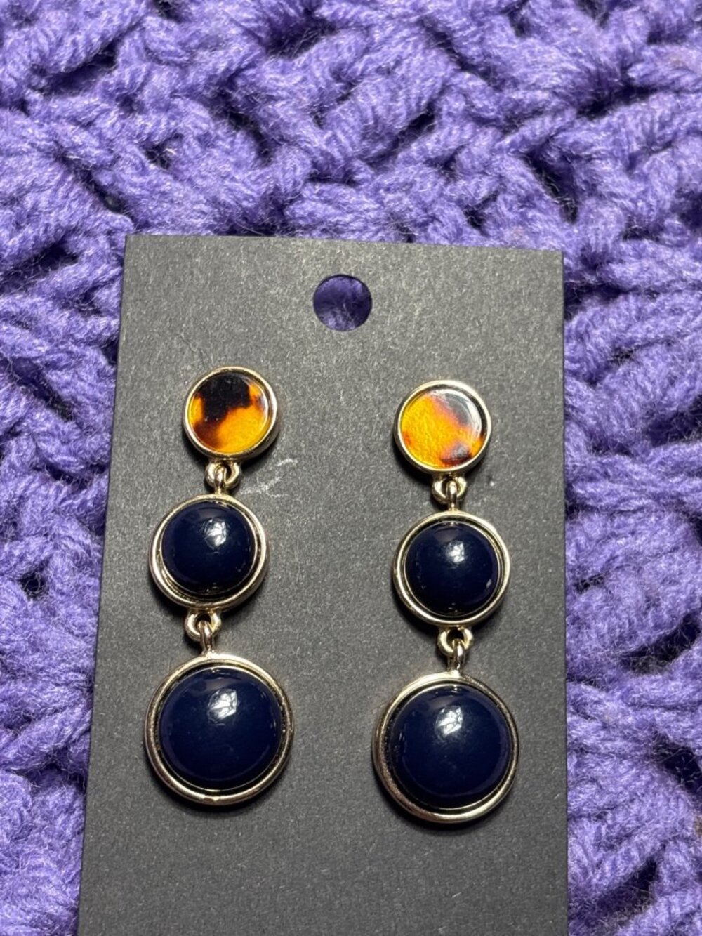 Goldtone Circles Dangle Earrings Plastic Navy Blue Cabochons Faux Tortoiseshell